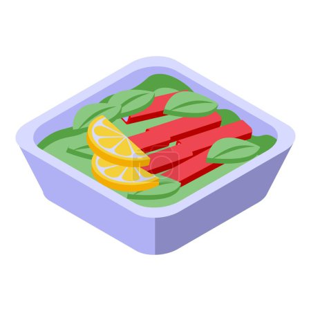 Isometric illustration of a healthy crab salad with lemon slices and fresh spinach in a bowl
