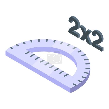 Ilustración 3D de un transportador con símbolos matemáticos de 2x2, que representa la medición y el concepto matemático