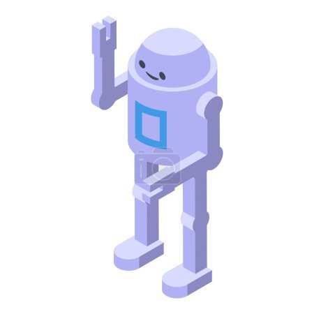 Linda ilustración isométrica 3d de un robot amigable con una mano ondulante, aislado en blanco