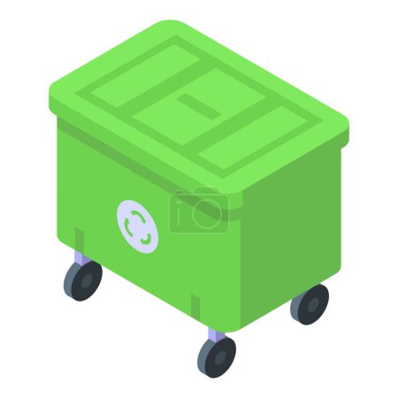 Bright 3d isometric view of a green recycling bin with wheels and a recycle logo