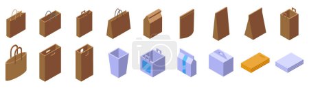 Craft paper eco bags vector. A series of brown paper bags and boxes. The bags are of various sizes and shapes, and the boxes are also of different sizes and shapes