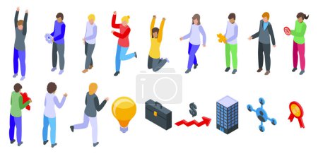 Icebreaker vector. A group of people are shown in various poses, with some holding objects like a remote control and a book. Concept of excitement and energy, as the people are engaged in different