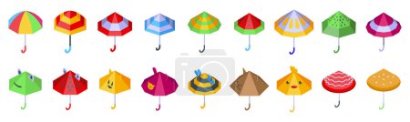 Kinderschirmvektor. Eine Kollektion bunter Regenschirme mit verschiedenen Designs und Mustern. Die Schirme sind hintereinander angeordnet, wobei sich einige überlappen. Szene ist heiter und verspielt