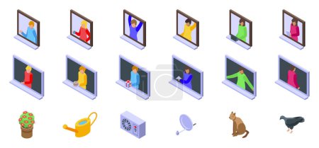 Window neighbor vector. A set of icons depicting people on a computer screen. The icons include a person holding a remote, a person sitting at a desk, and a person standing. Scene is casual and