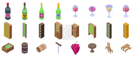 Illustration for Wine cellar interior vector icon. A collection of various items, including wine bottles, wine glasses, and furniture, are displayed in a white background - Royalty Free Image