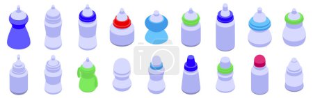 Fütterung Flaschenvektorsymbol. Eine Kollektion von Babyflaschen in verschiedenen Farben und Größen. Die Flaschen sind hintereinander angeordnet, wobei einige höher und andere kürzer sind. Szene ist verspielt und bunt