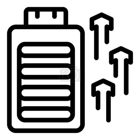 Black line icon representing a battery with charging arrows, isolated on a white background