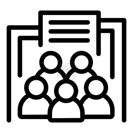 A simplified black and white icon representing a team meeting with a document overhead