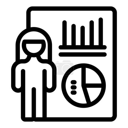Simple black and white icon illustrating a woman giving a business presentation with charts