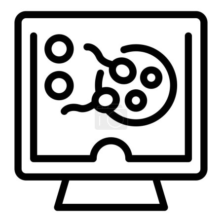 Black and white icon depicting a petri dish with bacterial culture displayed on a computer monitor