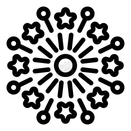 Black and white graphic of a symmetrical circular pattern featuring star shapes and key silhouettes
