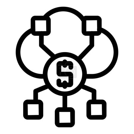 Einfaches schwarzes Liniensymbol, das ein Finanznetzwerk mit Dollarzeichen und Verbindungen darstellt