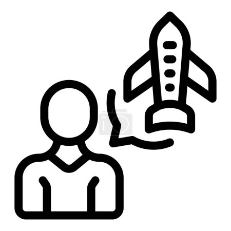 Grafisches Symbol einer Person neben einer Startrakete, das das Wachstum eines Start-ups oder ein neues Projekt symbolisiert