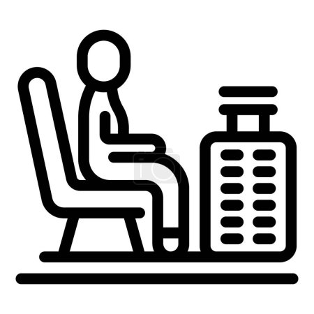 Stilisiertes Symbol, das einen Reisenden darstellt, der neben seinem Koffer sitzt, ideal für die Beschilderung von Flughäfen