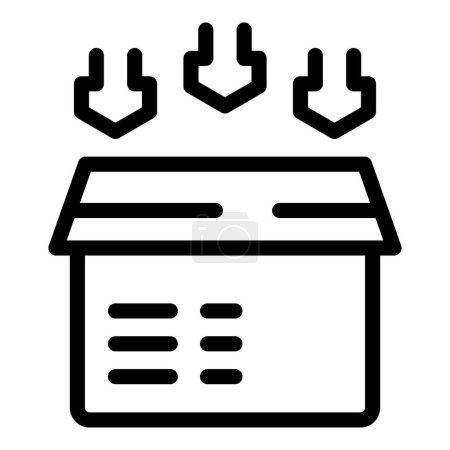 Black outline vector icon of a package with downward arrows indicating delivery