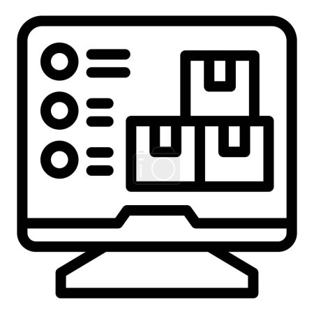 Icono de arte de línea de un monitor de computadora que muestra paquetes, simbolizando compras y entregas en línea