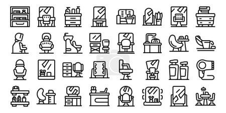 Beauty salon interior vector icon. A collection of icons for a salon, including a chair, a mirror, and a hairdryer