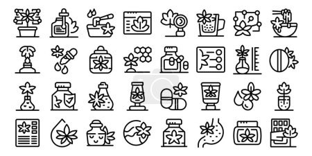 Hemp cannabinoid extract vector icon. A collection of various symbols and icons, including a flower, a bottle, and a cup. Scene is one of relaxation and wellness, with the various symbols representing
