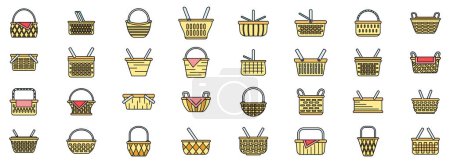 Picnic basket icons set outline vector. Fruit hamper. Food wicker thin line color flat on white