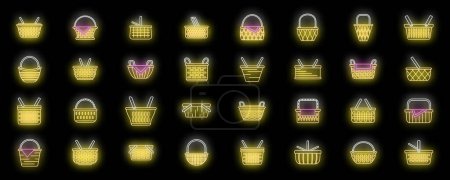 Picnic basket icons set outline vector. Fruit hamper. Food wicker neon color on black