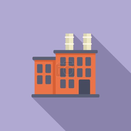 Colorful cartoon factory building illustration with flat design and minimalistic architecture in orange and purple background, depicting the manufacturing industry and environmental impact