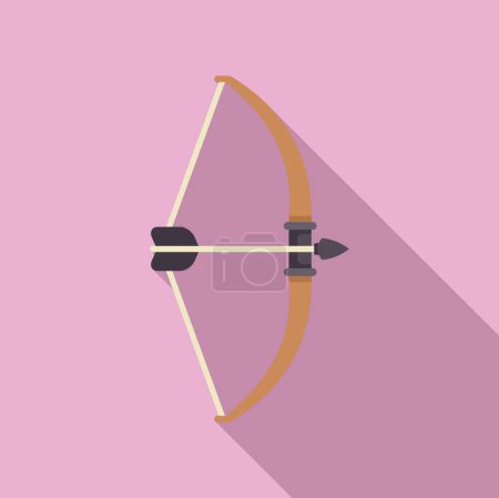 Minimalist, flat design illustration of a bow and arrow with a shadow, isolated on a pink backdrop