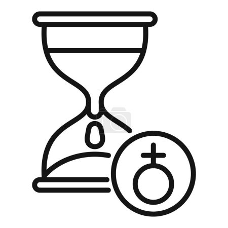 Line art icon of an hourglass next to a female gender symbol, symbolizing time and women