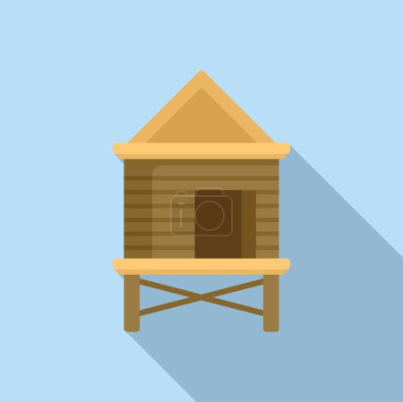 Illustration of a simple wooden lifeguard hut on a blue background, depicted in a flat design style