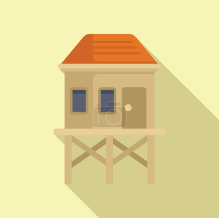 Ilustración de dibujos animados de una colorida casa de zancos sobre pilotes de madera, elevada por encima de una zona costera tropical, proporcionando una vida segura y resistente a las inundaciones