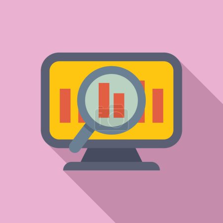 Flat design illustration of a computer monitor displaying charts, magnified for detailed view