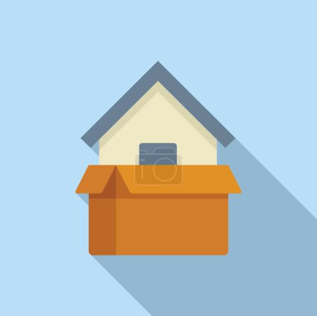 Illustration for Conceptual vector graphic of a house appearing from an open cardboard box on a blue background - Royalty Free Image