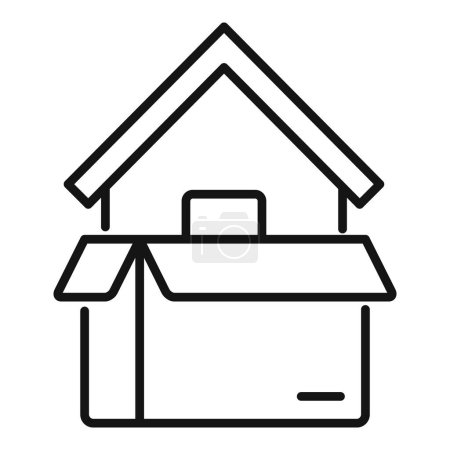 Minimalistisches Moving Home Line-Symbol auf weißem Hintergrund, das Umzug, Immobilien, Packen, Auspacken und Haushaltswechsel symbolisiert. Ideal für Immobilien-, Logistik- und Umzugskonzepte