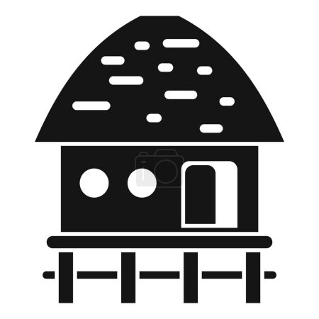 Silueta de casa de zancos tradicional con diseño gráfico elevado de vivienda tropical en blanco y negro. Icono del vector. Y la ilustración simple sobre los pilotes
