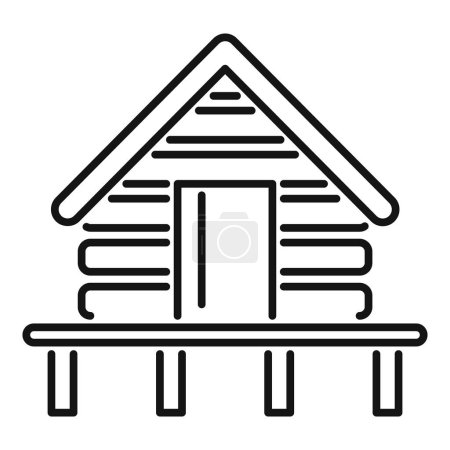 Minimalist black and white line drawing of a traditional log cabin