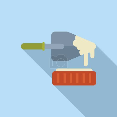 Illustration for Vector illustration of a hand with a construction trowel and brick, on a blue background - Royalty Free Image