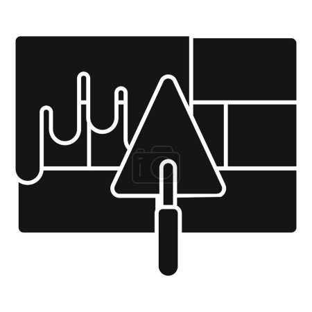 Black and white vector icon illustrating a trowel on a brick wall, symbolizing construction work