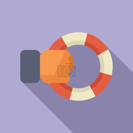Flat design vector illustration of a hand gripping a lifebuoy, symbolizing support and rescue