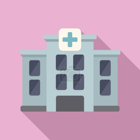 Flat design vector illustration of a hospital with a medical cross symbol on a pink background
