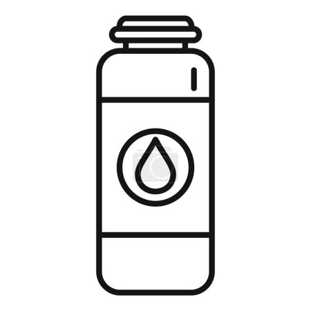 Black and white line art icon of a water bottle with a drop symbol on the label