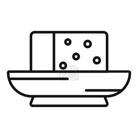 Black and white line art vector of a cheese block on a serving dish