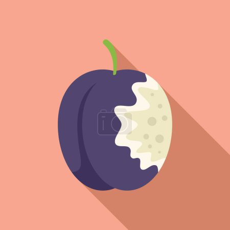 Flat design vector graphic of a ripe plum with a bite taken out, on a pastel background