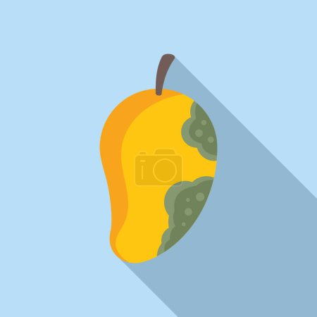 Cartoon illustration of a rotten mango with moldy, damaged, and spoiled fruit on a blue background
