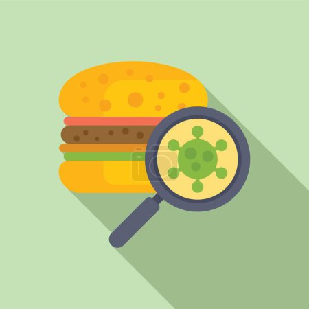 Illustration conceptuelle d'une loupe inspectant un hamburger avec une icône de virus, symbolisant des préoccupations en matière de salubrité des aliments