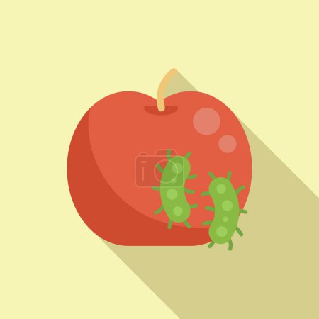 Flacher Design-Vektor grüner Cartoon-Bakterien auf einem leuchtend roten Apfel