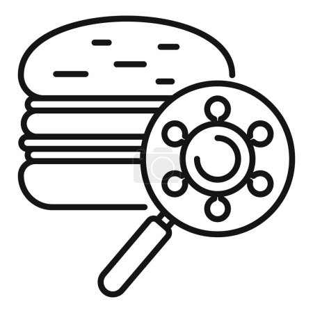 Téléchargez les illustrations : Illustration linéaire mettant en valeur un hamburger et une loupe axés sur un virus, symbolisant la salubrité des aliments - en licence libre de droit