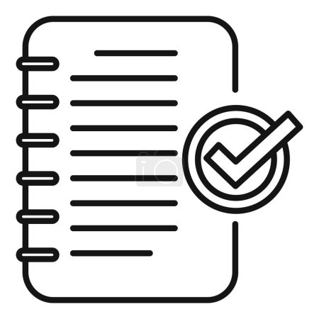 Black and white checklist icon with checkmark in vector line art style for completed tasks and efficient productivity organization and planning concept illustration