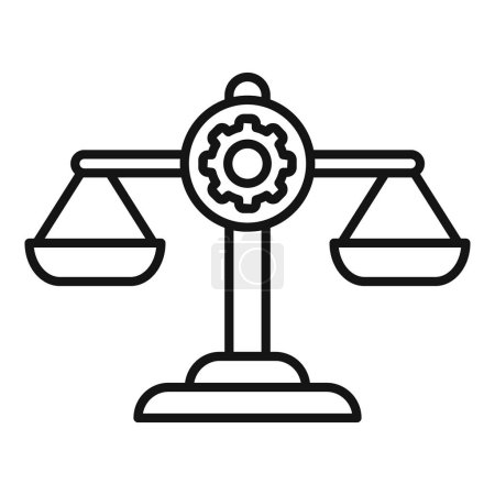 Black and white line drawing of balanced scales, symbolizing law and justice