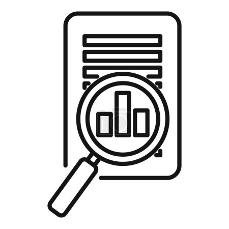 Line art icon of a document with bar graph and magnifying glass signifying research
