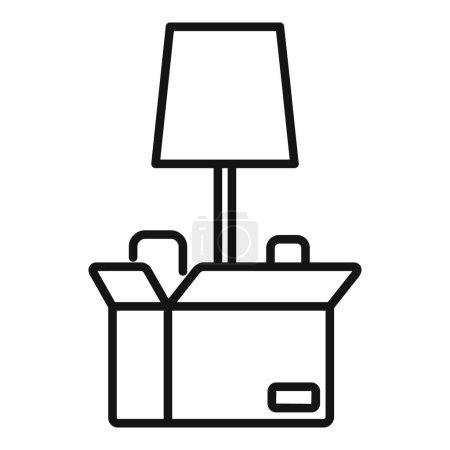 Minimalistische Linienkunst-Ikone einer Lampe in einem Karton symbolisiert Umzug oder Umzug