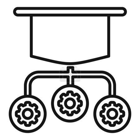 Black and white line drawing of a graduation cap integrated with cogwheels, representing education and industry